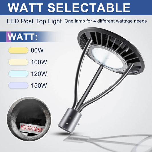 Commercial LED Post Top Light. 80W/100W/120W/150W Selectable. 3CCT Tunable. Photocell Included. IP65 Rated