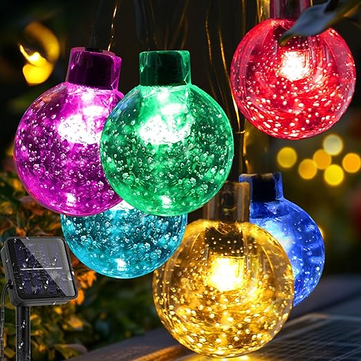 Solar Garden String Lights – 60 LED Crystal Ball. 12M. 8 Modes. IP65 Waterproof. Warm White