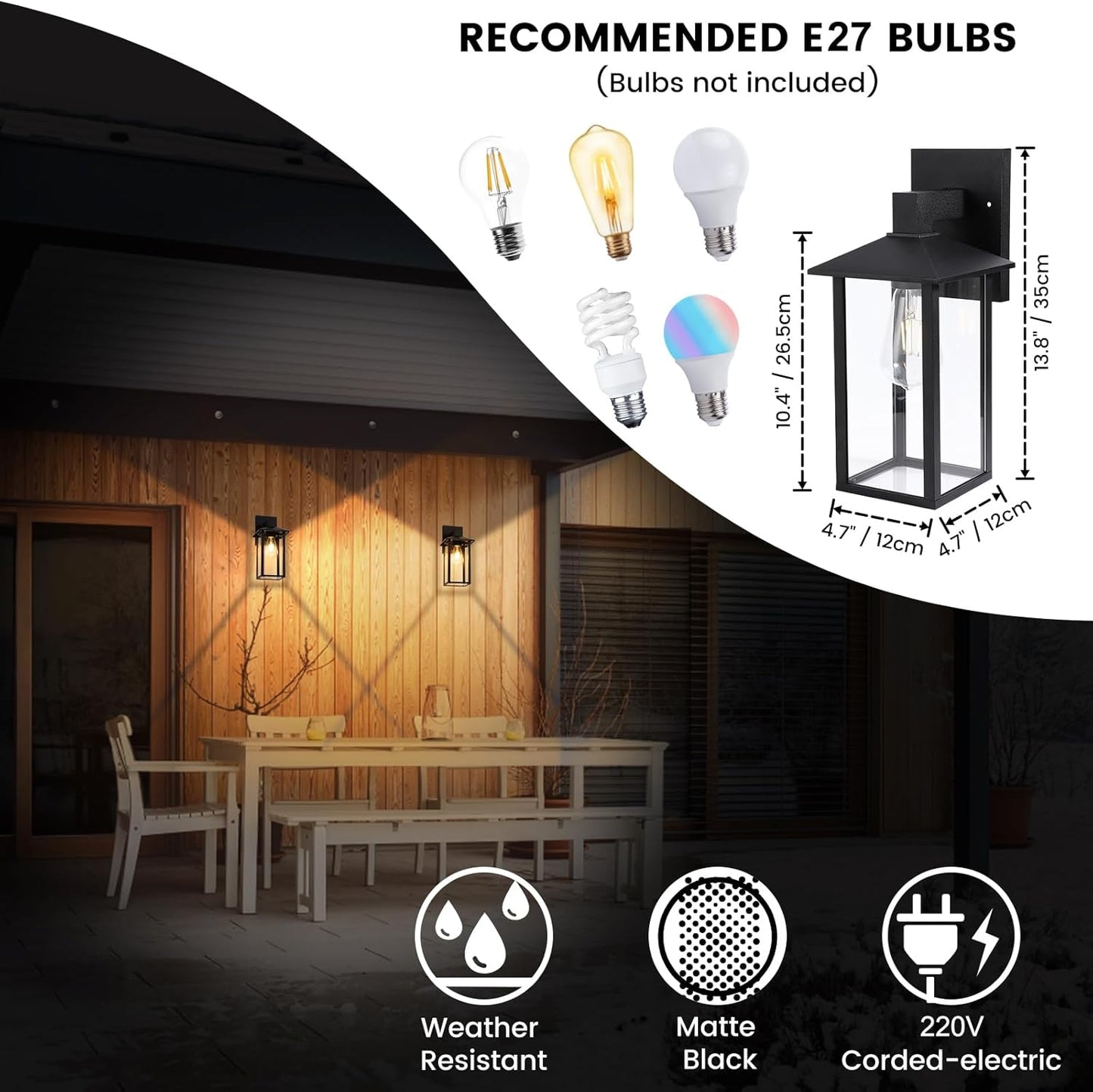 Outdoor Wall Lantern – Black Exterior Light Fixture with Glass Shade (1 Pack)