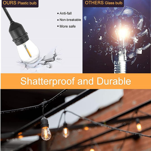 48FT Outdoor LED String Lights. S14 Festoon Lights with 15 E27 Sockets. IP65 Waterproof. 2700K Warm White for Garden. Patio. Party