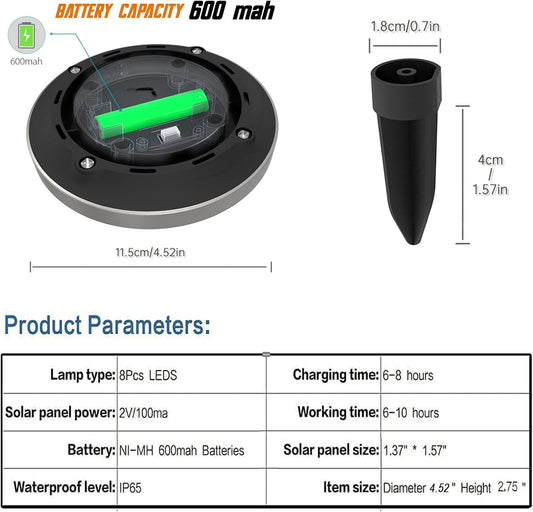 8-Pack Solar Disk Lights. Bright White Outdoor Pathway Lamps