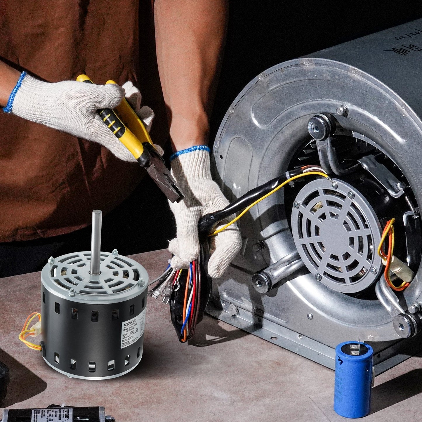 1/2HP Furnace Blower Motor. 208/230V 2.7Amps. 1075RPM 5 Speeds. CW/CCW Rotation. 48 Frame 3.4' Shaft Length. 7.5μF/450V Capacitor + 11' Hold Hoop