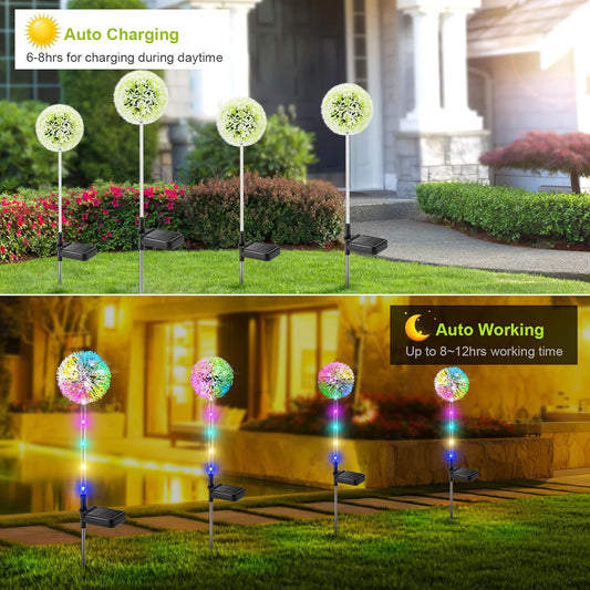 Solar Dandelion Garden Lights. 4 Pack Colourful LED Outdoor Flower Lights