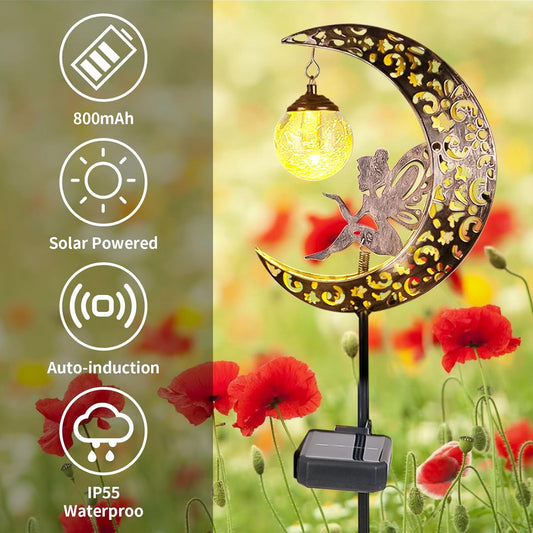 Solar Lights Outdoor Garden Ornaments – Moon Fairy Solar Crackle Glass Lights. Waterproof LED Metal Stake Light for Patio. Lawn & Pathway Decorations
