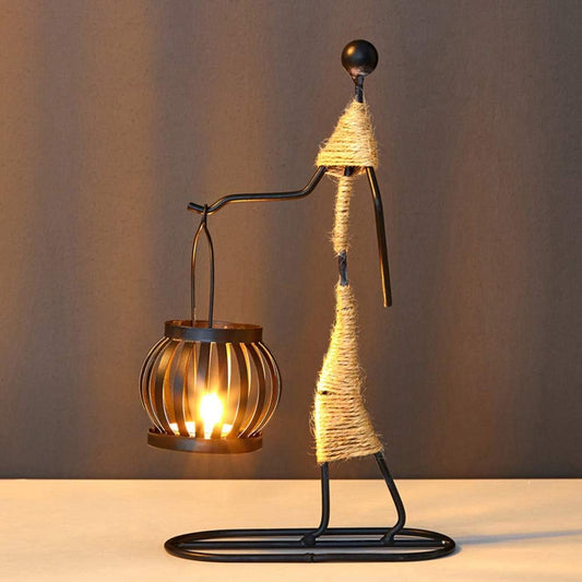 Retro Black Iron Little Girl Candle Holders Set
