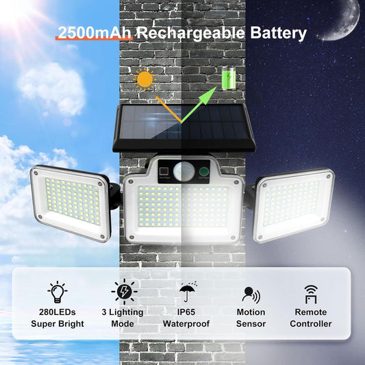 280 LED Solar Motion Light โ 3-Head Outdoor Floodlight