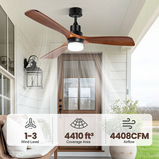Solar Ceiling Fan for Outside 3 Speeds. Outdoor Ceiling Fans with Light & Battery. Quiet Wood Walnut Fan with Adjustable Thermostat for Gazebo. Patios (42inch)