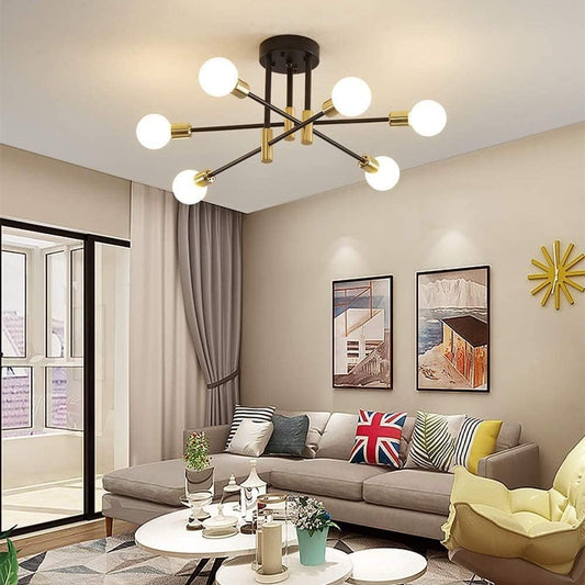 Sputnik Chandelier Ceiling Light 6-Light Black Gold Vintage