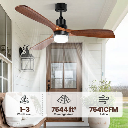 Solar Ceiling Fan Outdoor Fan with Light & Battery. 52 Solar Ceiling Fans for Outside 3 Speeds. Quiet Wood Walnut Fan with Adjustable Thermostat for Gazebo. Patios