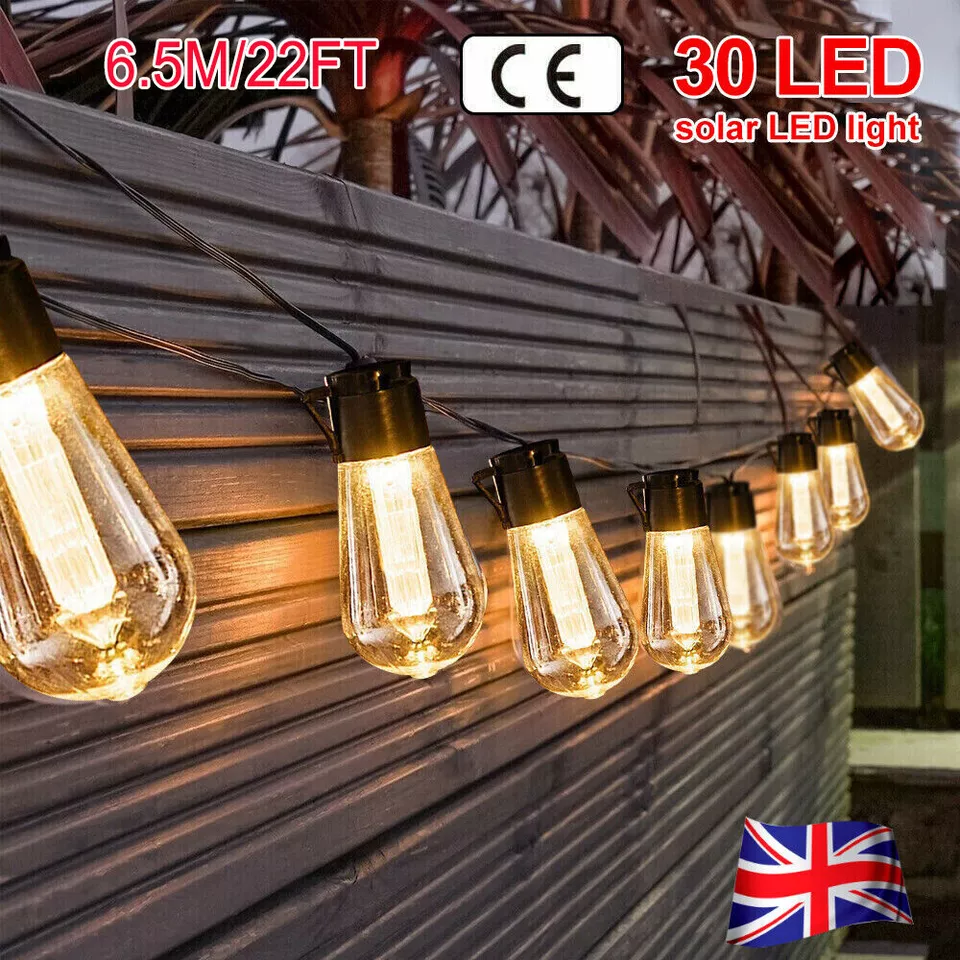 Solar Powered Retro Bulb String Lights – Warm White LED Outdoor Garden & Party Lighting