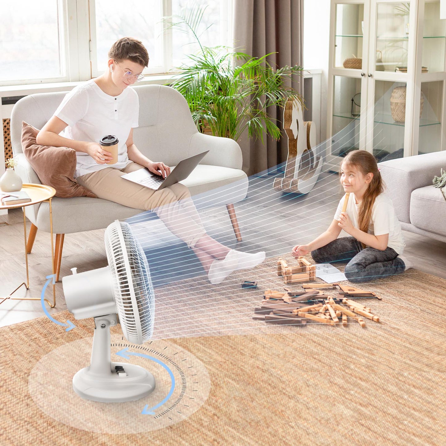 Concise Oscillating Table Fan with Flexible Tilt & Safety Grill