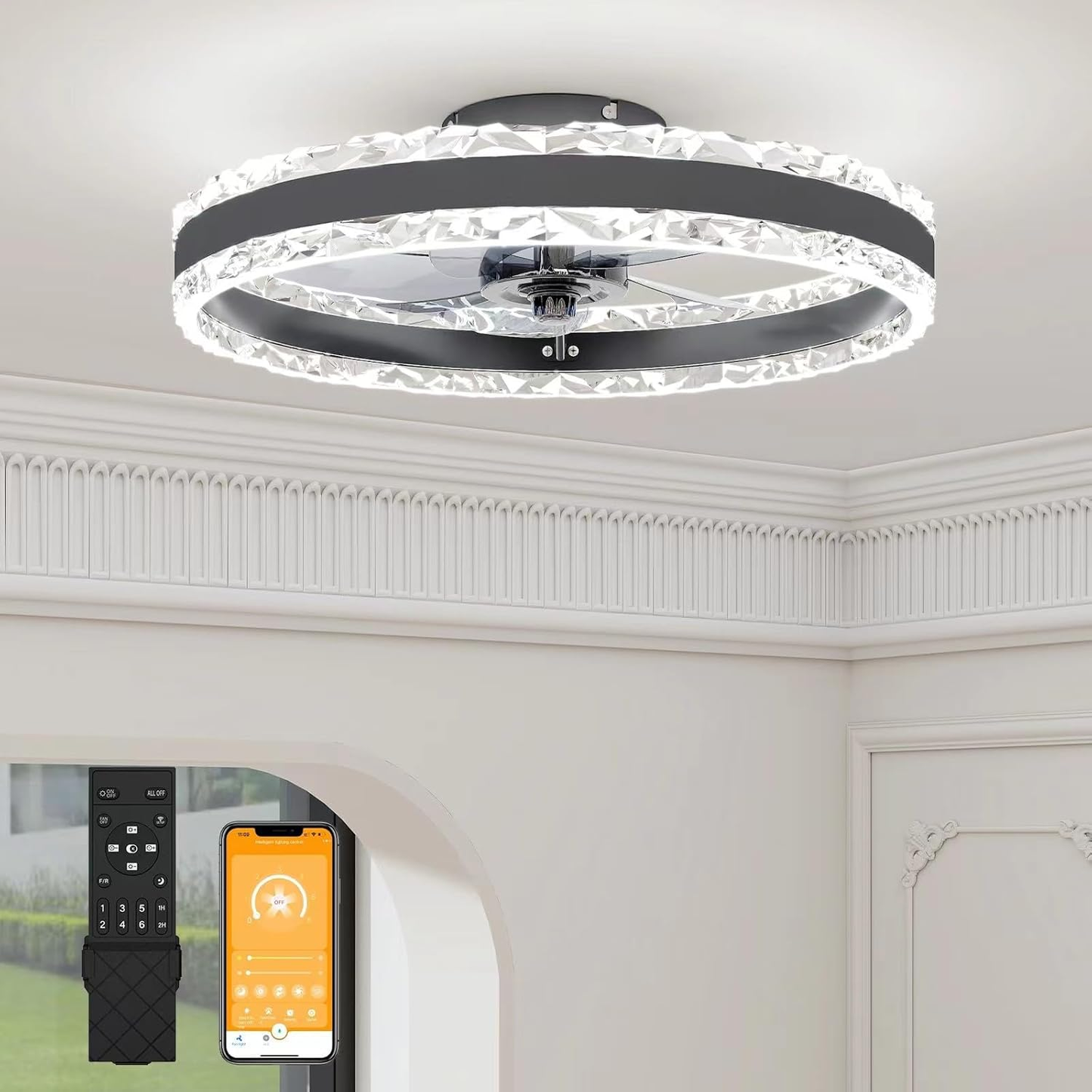 Modern Smart Ceiling Fan with LED Light – 6 Speeds. Dimmable Warm-to-Cool Lighting. and Remote Control for Bedrooms. Living Rooms
