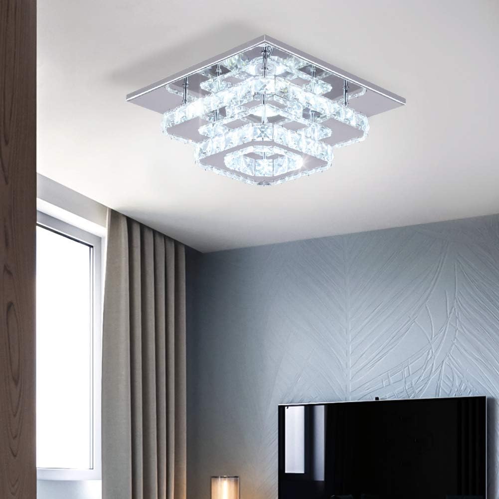 Crystal LED Ceiling Light. Modern Square Flush Mount Chandelier with K9 Crystal and Stainless Steel Frame. Multicolor Ceiling Lamp for Living Room. Dining Room. Bedroom