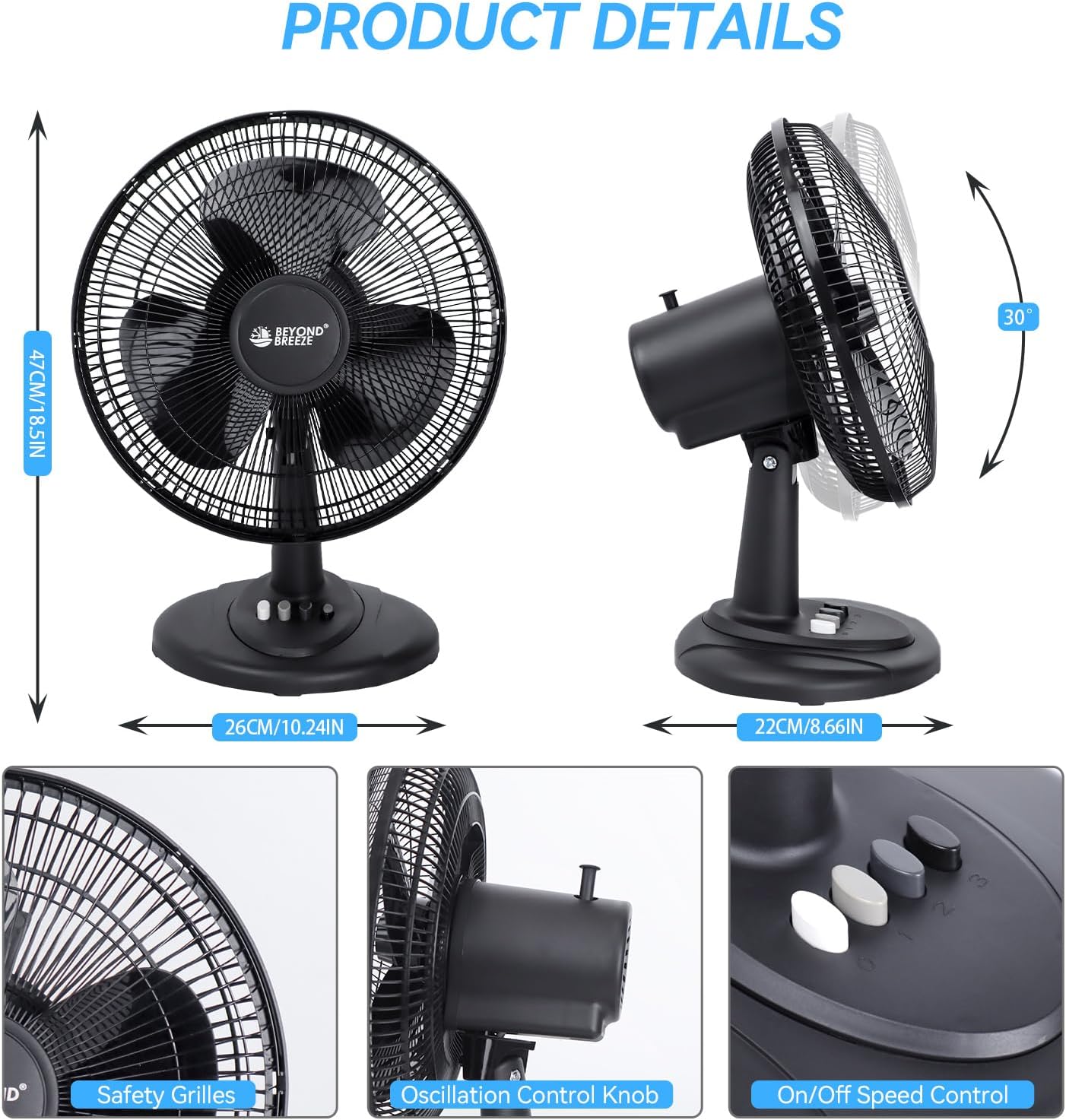 Black Grille 12 Oscillating Table Fan with Adjustable Speed Setting