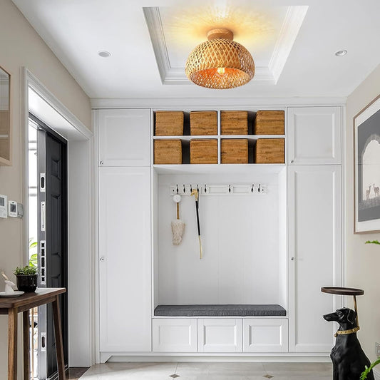 Bamboo Rattan Ceiling Light β Handmade Boho Semi-Flush Farmhouse Fixture for Rooms