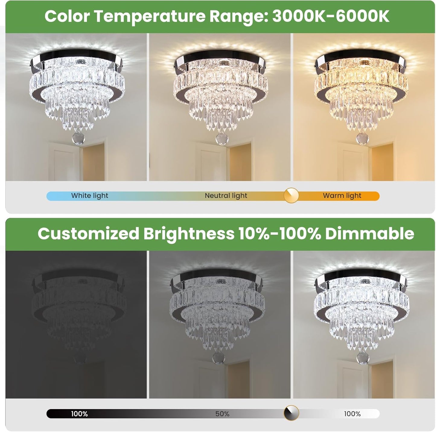 11.8 Crystal LED Ceiling Light Modern Dimmable Flush Mount Chandelier
