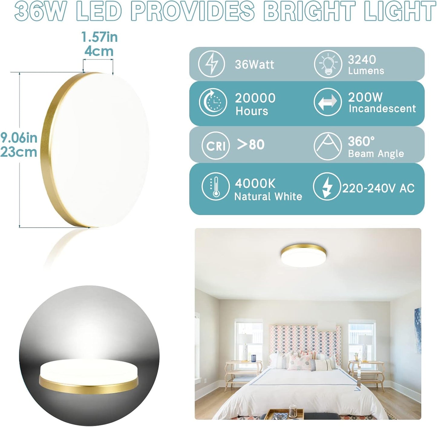 Gold LED Ceiling Light. 36W 4000K Natural White Round Ceiling Lamp 3240LM for Bathroom. Kitchen. Bedroom. Hallway. Utility Room. Laundry. Toilet. Porch. Ø23CM