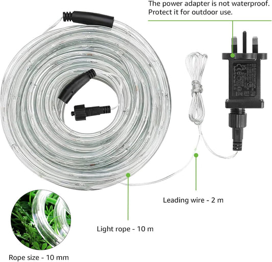 Outdoor Rope Lights – Mains Powered. Connectable. 10m/33ft. 240 LED Cool White. Waterproof. 10mm Thick Rope Lighting for Garden. Patio. Pathways. and Christmas Décor