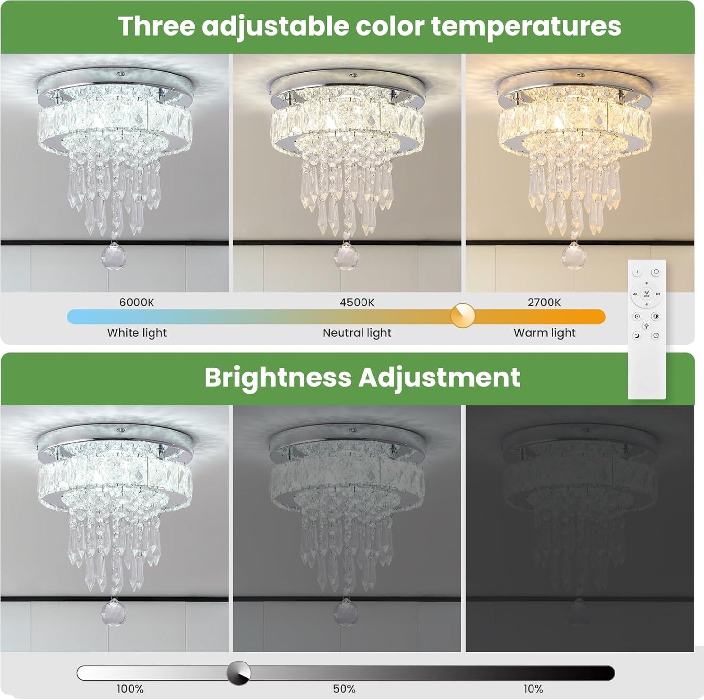 Modern Crystal Ceiling Chandelier 9.8 LED Flush Mount Dimmable Light