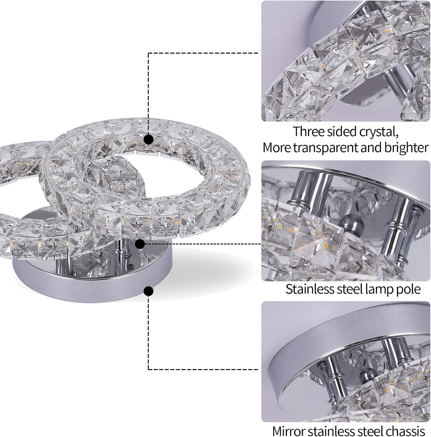 Crystal LED Ceiling Light Fixture. Modern 2-Ring Flush Mount Chandelier