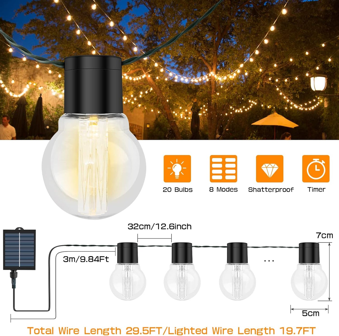 9M Solar Festoon Lights. 20 Bulbs. Remote Control