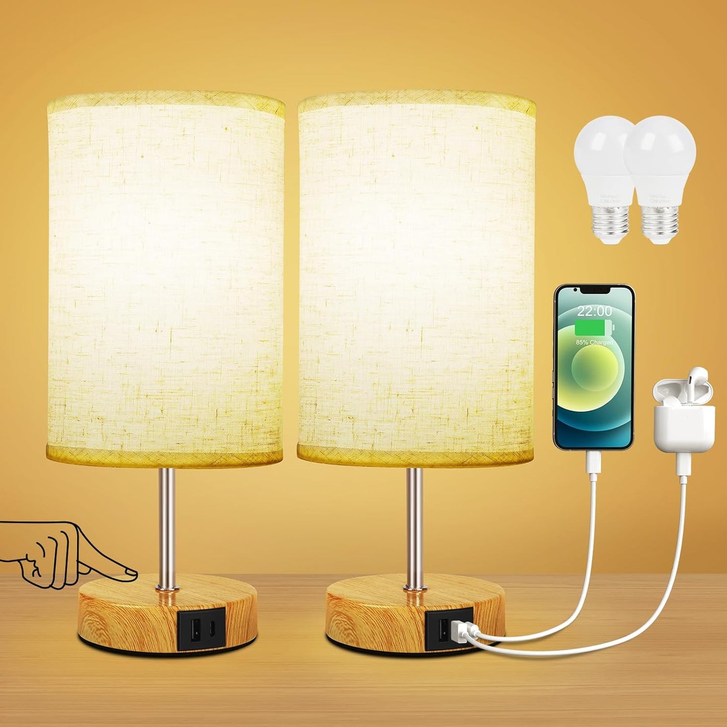 Touch Bedside Lamps Set of 2 with USB Ports
