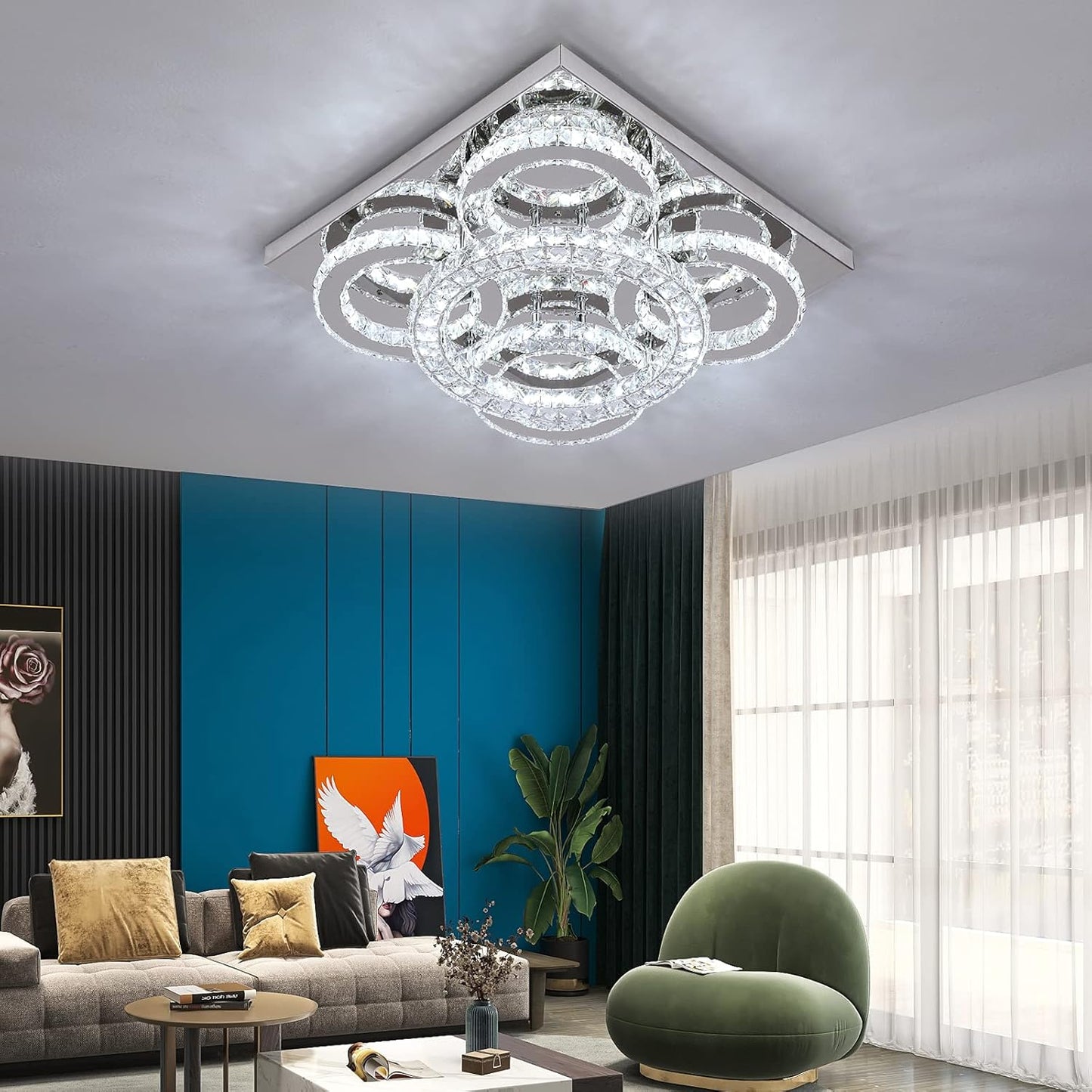 Modern Crystal LED Chandelier. 5-Ring Square Flush Mount Ceiling Light