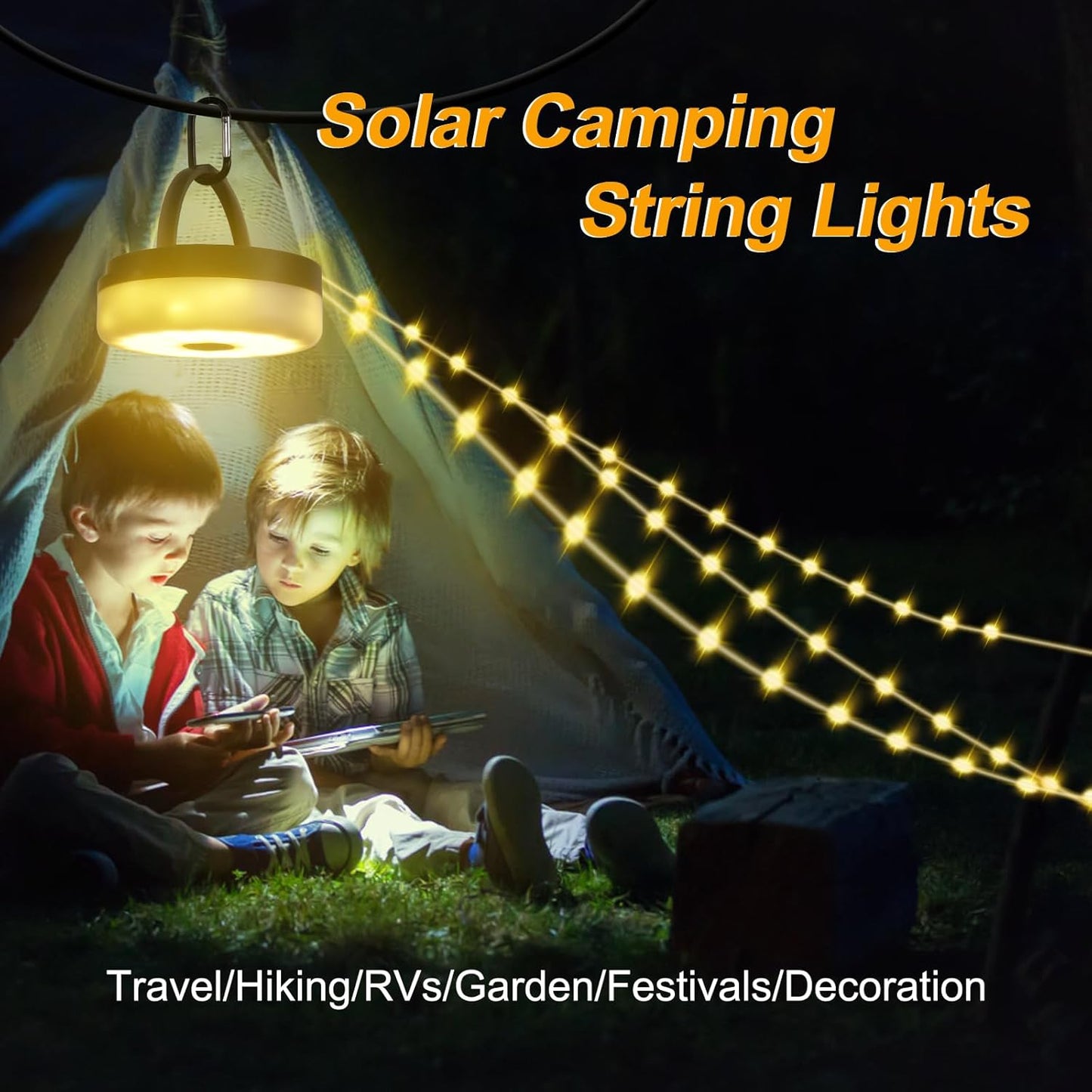 Solar Camping String Lights. 42Ft. 160 LED. USB Rechargeable