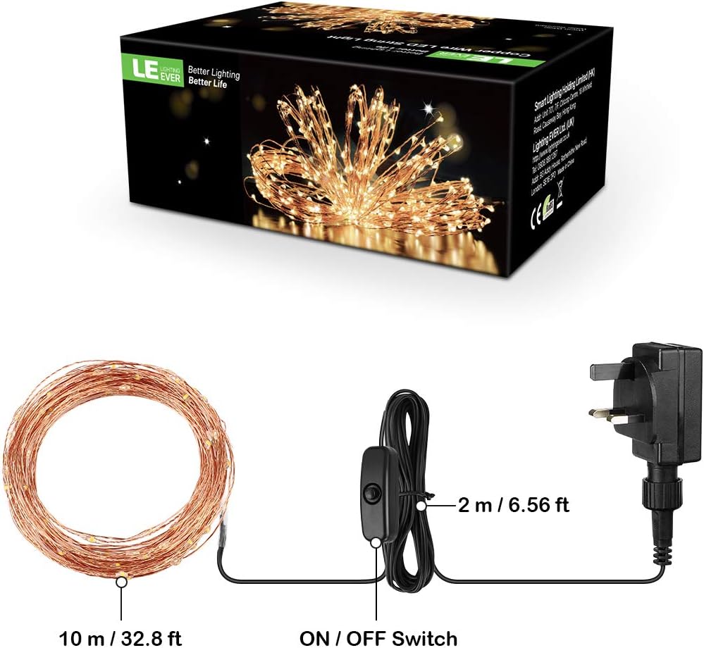 10M Plug-In Copper Fairy Lights – Warm White. Waterproof