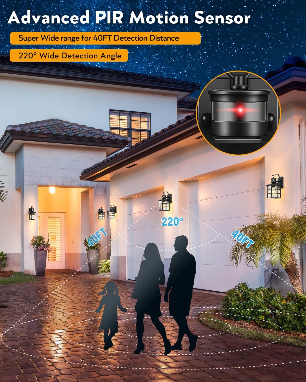 Outdoor Wall Lantern with Motion Sensor. Dusk-to-Dawn Black