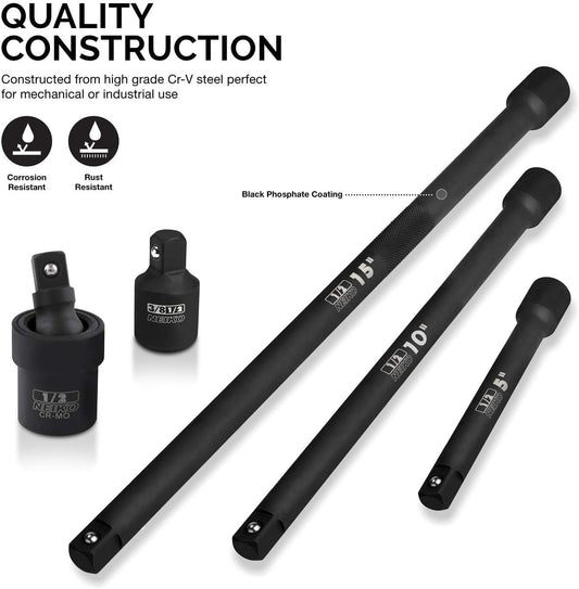 00256A 5-Piece Impact Extension Bar and Adapter Set - 1/2-Inch Drive with 5. 10. 15-Inch Extensions. Universal Joint. and Reducer