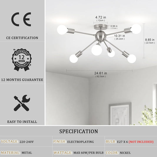 Sputnik Ceiling Light – 6-Light Chrome Mid-Century Modern Chandelier. Industrial Semi Flush Mount for Living Room. Bedroom & Kitchen