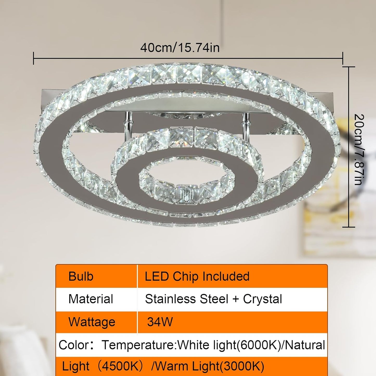 Crystal Ceiling Light – Modern LED Chandelier Flush Mount. K9 Glass Pendant. 15W. 3 Color Modes for Bedroom. Living Room. Kitchen