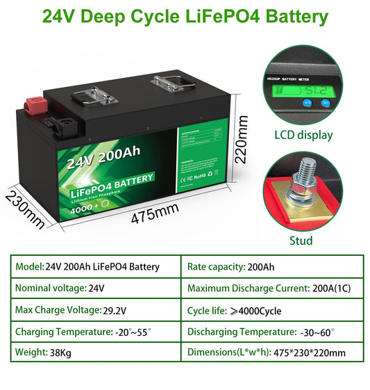 24V 240Ah 200Ah LiFePO4 Battery Pack - 25.6V 6144Wh 5000+ Cycle 100% Full Capacity Built-in 8S 200A BMS With Bluetooth EU NO TAX