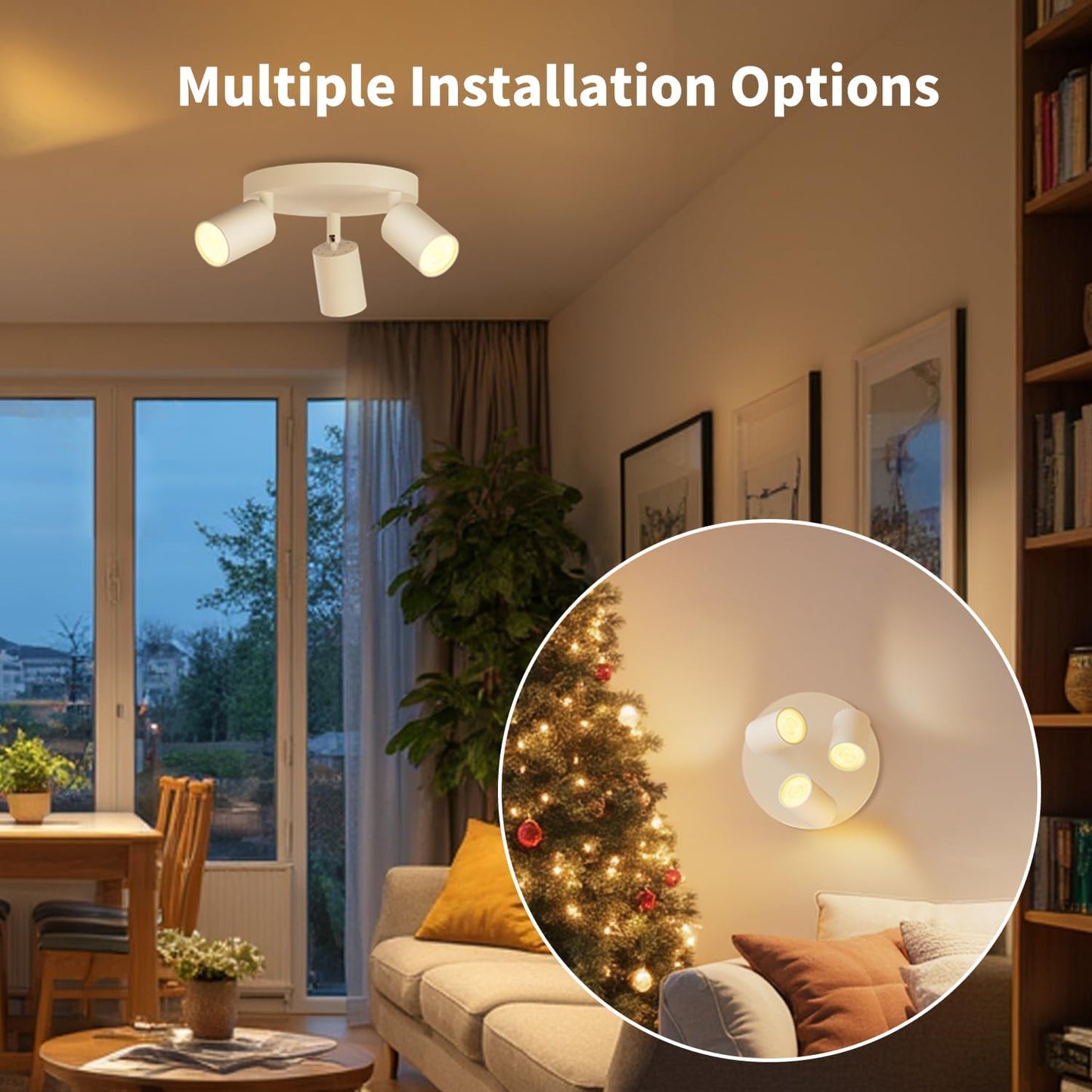 3 Way GU10 Ceiling Spotlight – Adjustable White Circular Light Fitting for Kitchen. Lounge. Bedroom & Dining Room (No Bulbs)