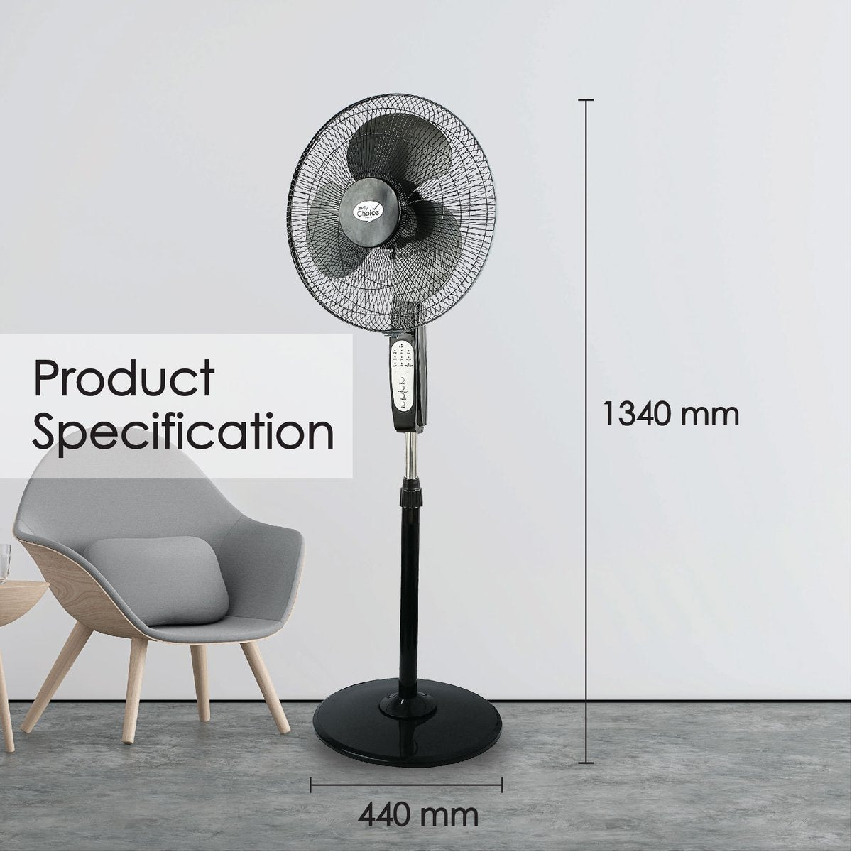 My Choice 16 Stand Fan – Remote Control. Adjustable Tilt & Height. Oscillation. Timer. Powerful. Quiet. 3-Speed. black. MC408R