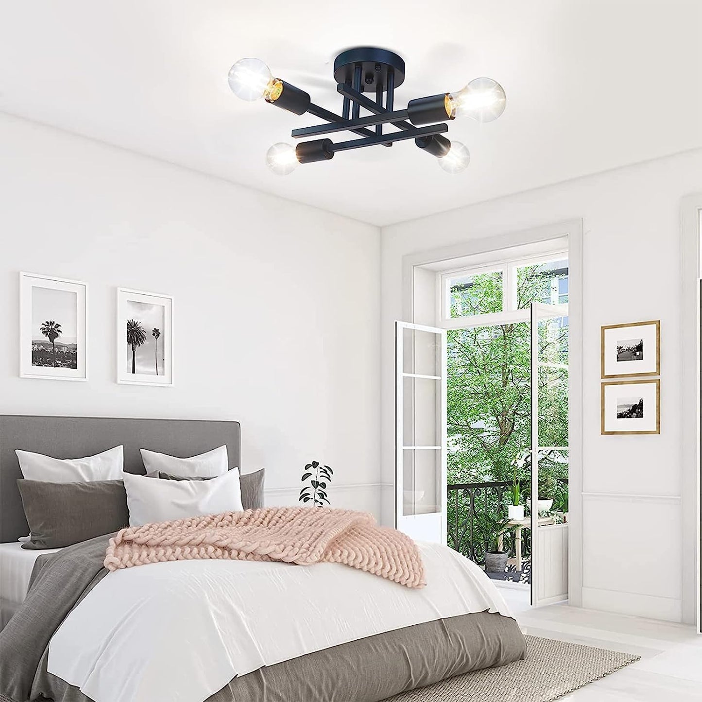 4 Light Vintage Semi-Flush Ceiling Light – Modern Black Chandelier with E27 Base for Farmhouse. Kitchen. Bedroom & Living Room