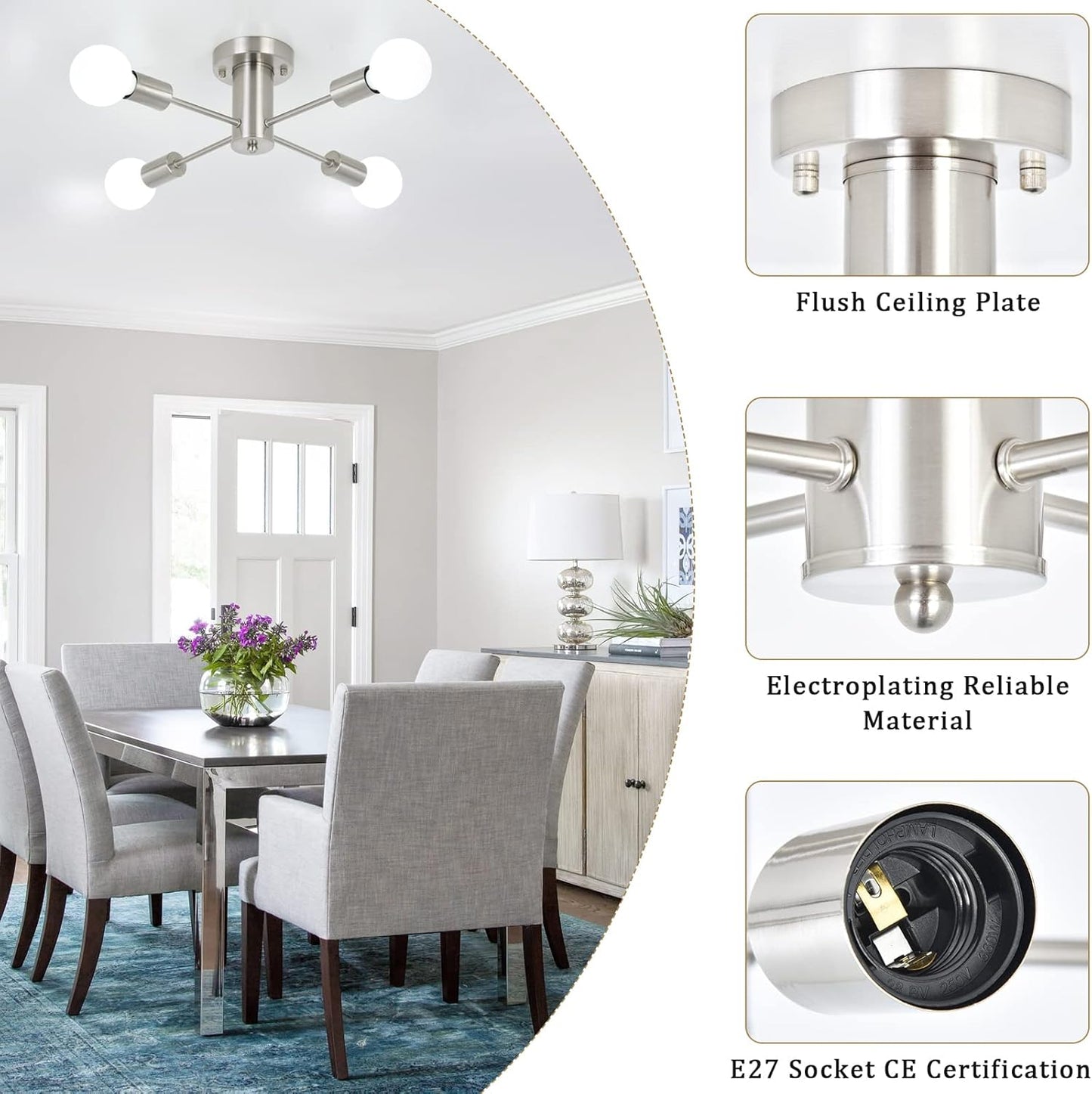 Sputnik Ceiling Light – 4-Light Chrome Semi Flush Modern Industrial Chandelier for Living Room. Kitchen. Bedroom & Dining Room