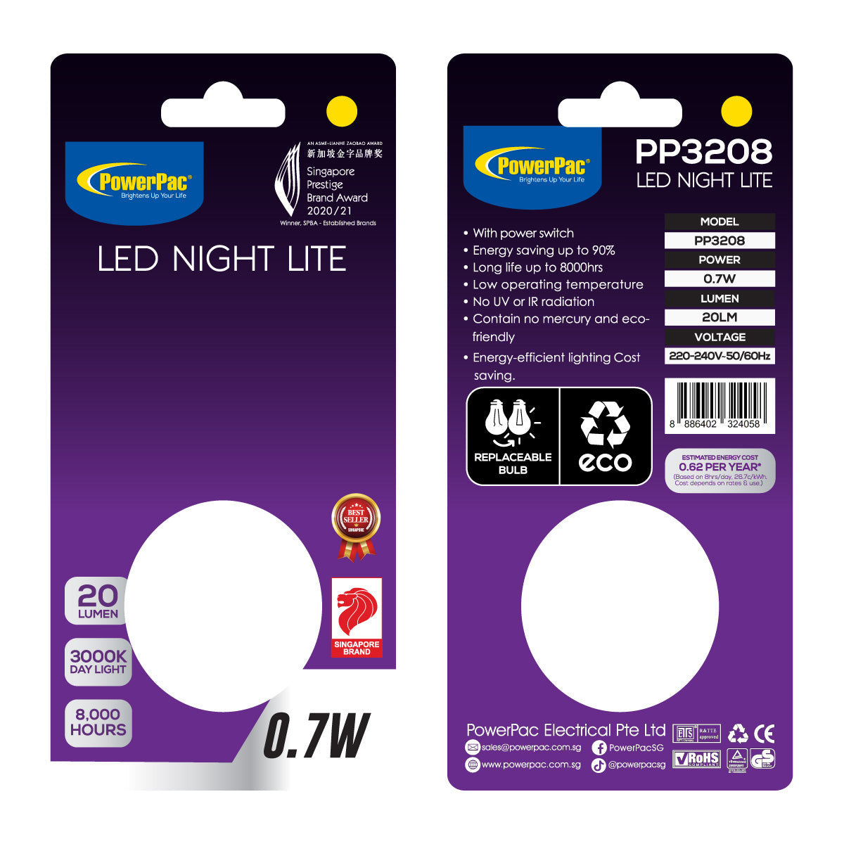 PowerPac LED Night Light Toilet Bathroom Corridor Lamp with Warm White effect (PP3208)