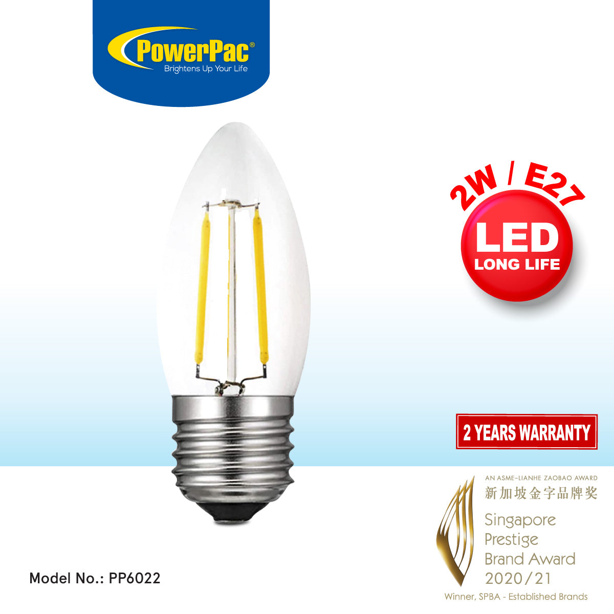 PowerPac LED Bulb. Candle Bulb. LED Light 2W E27 Warm White (PP6022)