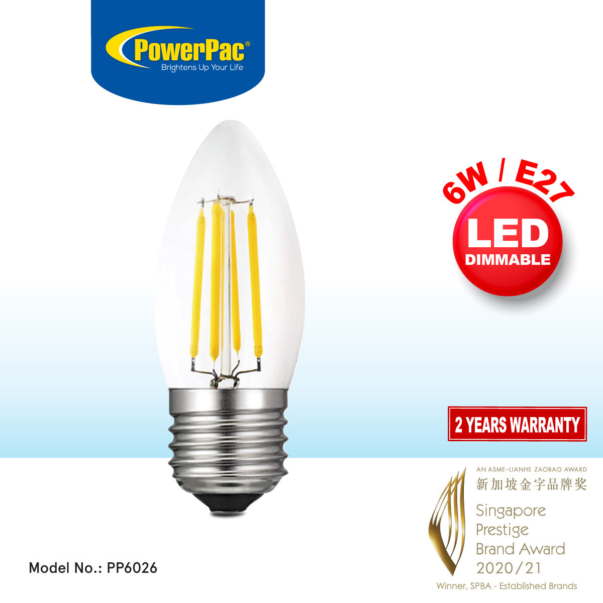 PowerPac LED Bulb. Candle Bulb. LED Light 6W E27 Warm White (PP6026)