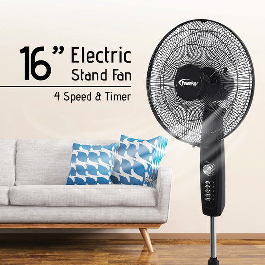 PowerPac 16 Stand Fan – Strong Airflow. Adjustable Tilt & Height. Oscillation. Timer. Durable. Energy-efficient. 4-Speed. black. PPFS30