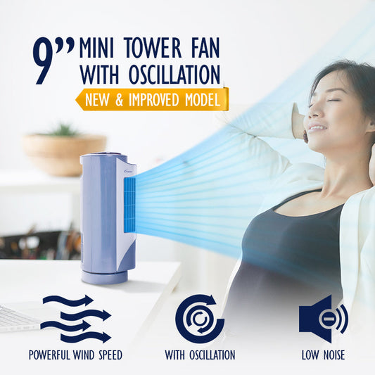 PowerPac 10 Tower Fan – Desk Fan. Oscillation. Portable. Compact. Energy-saving. Thermal protection. 3-Speed. grey. PPTF10