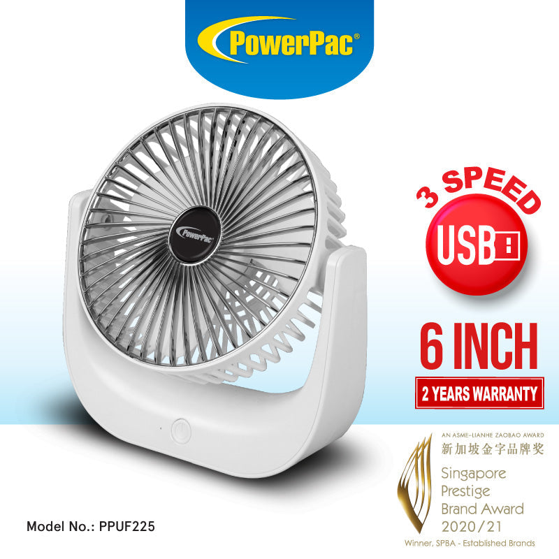 PowerPac 6 Table Fan – USB. Rechargeable. Portable Wireless. Strong Airflow. 120° Adjustable Tilt. 3-Speed. white. PPUF225