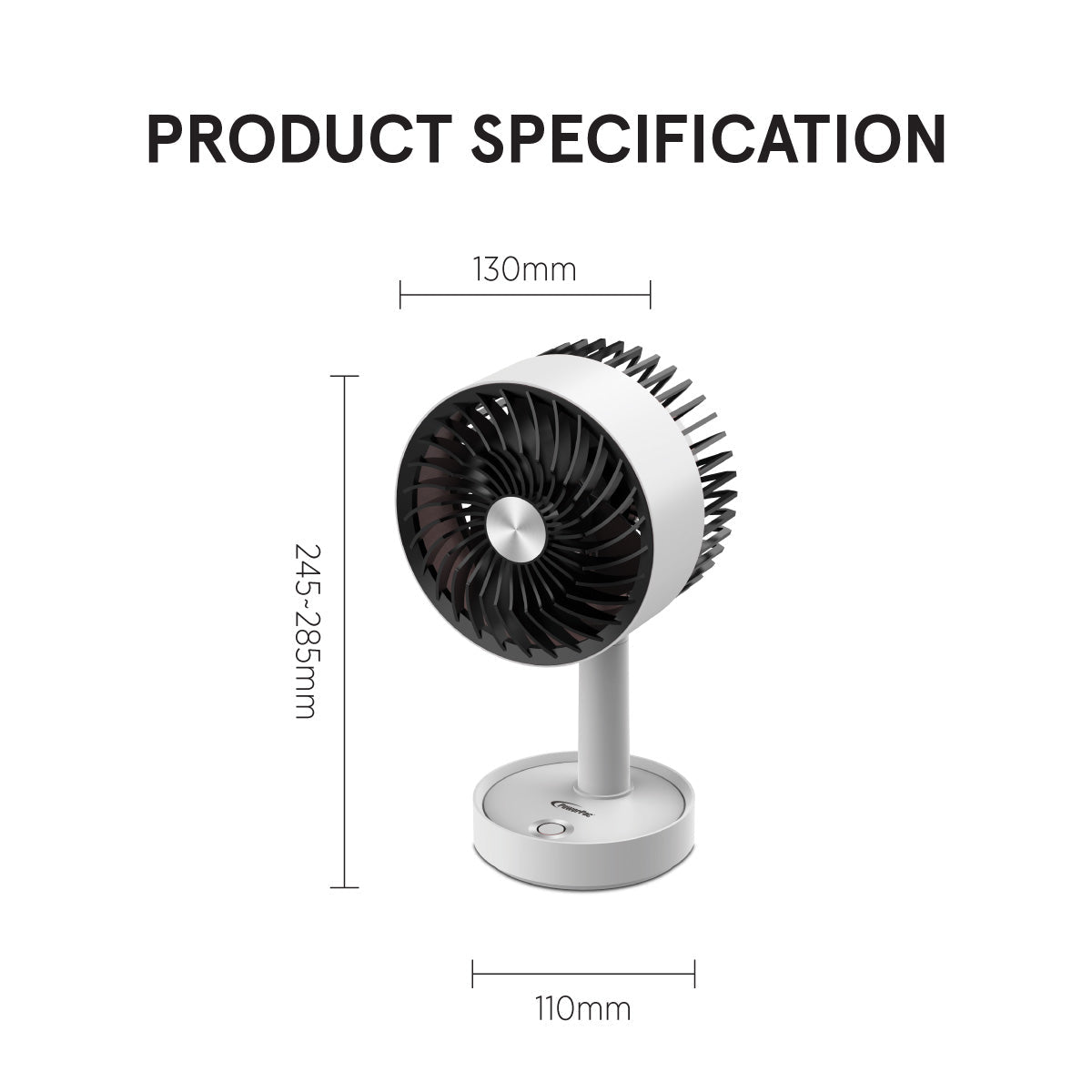 PowerPac 5 Table Fan – USB. Rechargeable. Portable Wireless. Adjustable Tilt. LED lights. Sturdy. 3-Speed. white. PPUF230
