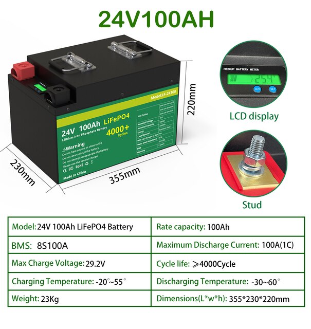 24V 200AH LiFePO4 Battery Pack 300Ah Lithium Solar Battery Grand A Cells Built-in BMS 4000+ Cycle For RV Boat NO TAX LiFePO4 48V