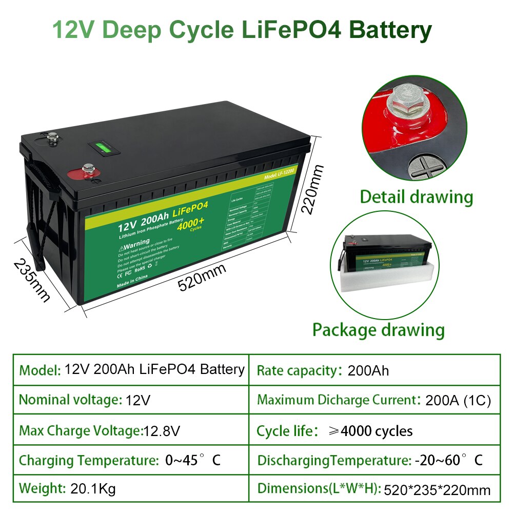 12V 200AH 202AH LiFePO4 Battery - Lithium Iron Phosphate Batteries Grand A Cells Built-in BMS Rechargeable Battery For RV Solar