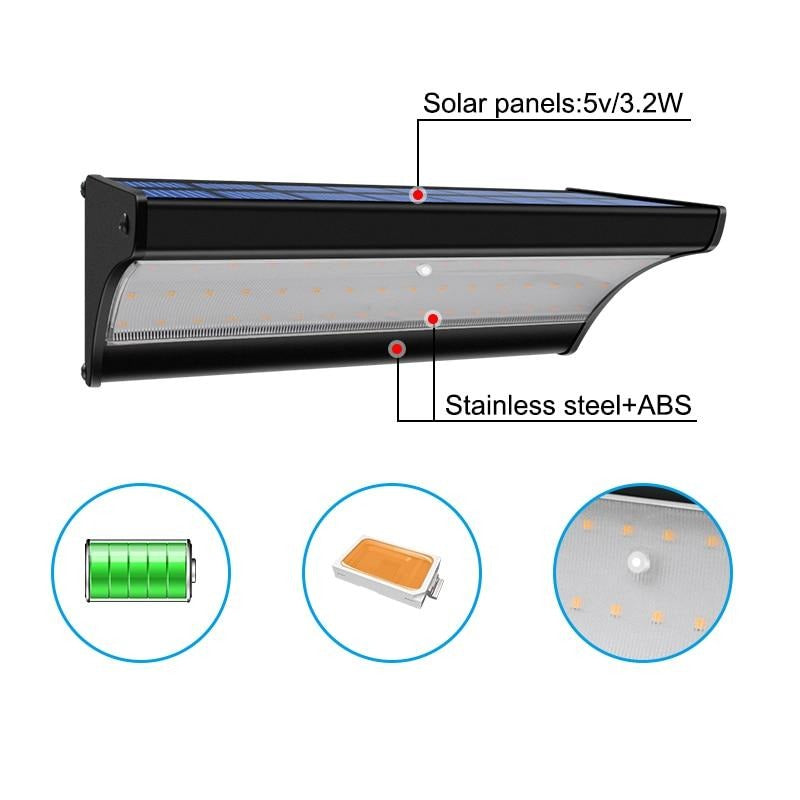 Applique murale solaire Noire en acier Inoxydable 48 LED