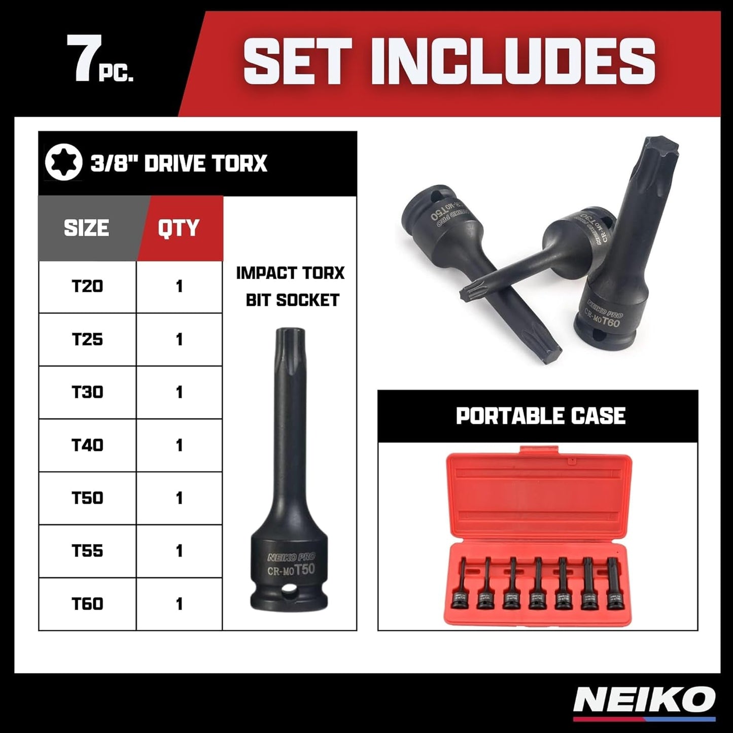 01132B 7-Piece Torx Star Driver Bit Socket Set | 3/8 Drive T20 to T60 | Durable Cr-Mo Impact Grade | 3 Length