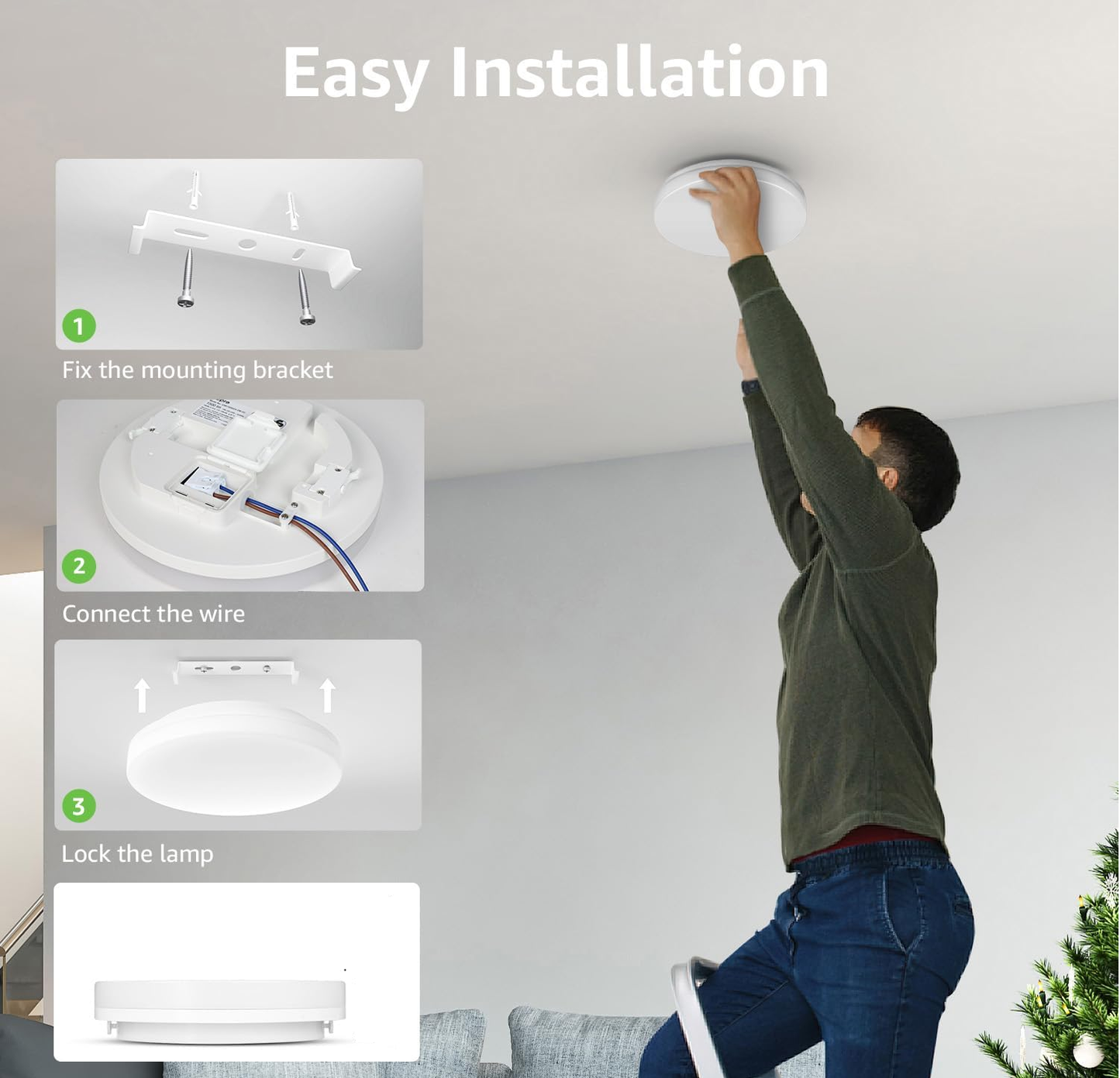 24W LED Ceiling Light. Waterproof IP54. Warm White 3000K. 200W Incandescent Bulb Equivalent. 2400lm Flush Mount Lighting Fitting for Bathroom. Bedroom. Kitchen. Hallway